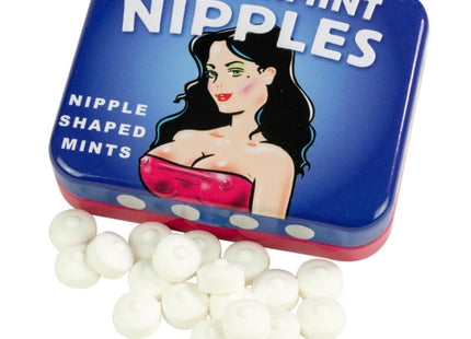 Blaues und rotes metalldose mit weißen punkten und vintage-illustration einer frau für zuckerfreie minze süßigkeiten in nippelform von spencer & fleetwood