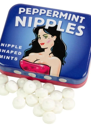 Blaues und rotes metalldose mit weißen punkten und vintage-illustration einer frau für zuckerfreie minze süßigkeiten in nippelform von spencer & fleetwood