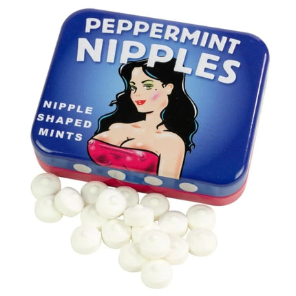 Blaues und rotes metalldose mit weißen punkten und vintage-illustration einer frau für zuckerfreie minze süßigkeiten in nippelform von spencer & fleetwood