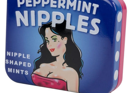 Blaues und pinkes metalldöschen mit retro-illustration einer frau in rotem top, spencer & fleetwood zuckerfreie nippelminze