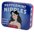 Blaues und pinkes metalldöschen mit retro-illustration einer frau in rotem top, spencer & fleetwood zuckerfreie nippelminze