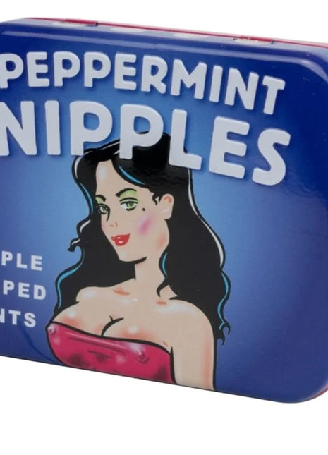 Blaues und pinkes metalldöschen mit retro-illustration einer frau in rotem top, spencer & fleetwood zuckerfreie nippelminze