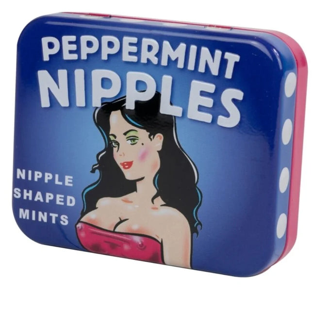 Blaues und pinkes metalldöschen mit retro-illustration einer frau in rotem top, spencer & fleetwood zuckerfreie nippelminze