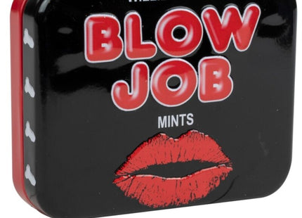Schwarze und rote willie-förmige mintdose von spencer und fleetwood mit roten schriftzügen und lippenstiftkussmotiven