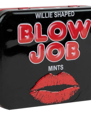 Schwarze und rote willie-förmige mintdose von spencer und fleetwood mit roten schriftzügen und lippenstiftkussmotiven