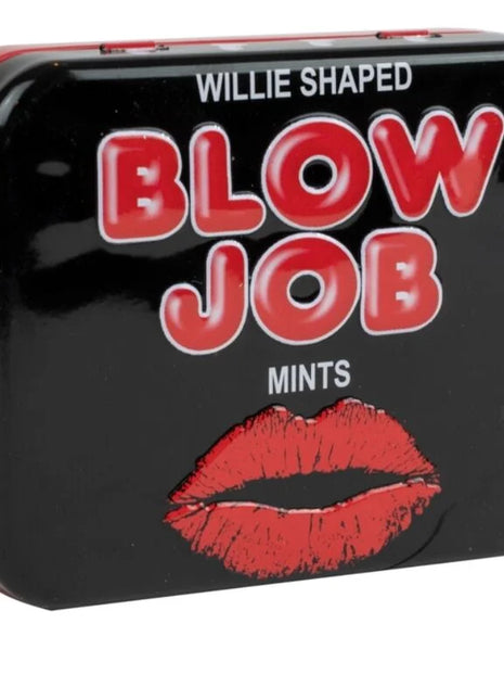 Schwarze und rote willie-förmige mintdose von spencer und fleetwood mit roten schriftzügen und lippenstiftkussmotiven