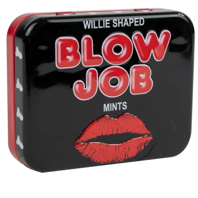 Schwarze und rote willie-förmige mintdose von spencer und fleetwood mit roten schriftzügen und lippenstiftkussmotiven