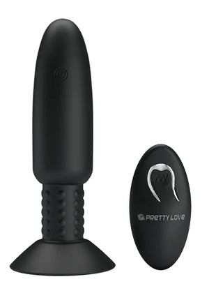 Schwarzer silikon-analstecker mit vibration und rotation, texturierter griff und saugbasis, fernbedienung mit pretty love logo