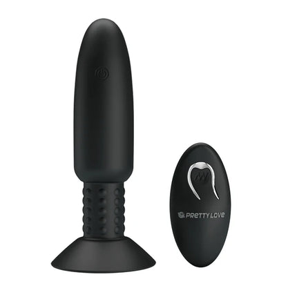 Schwarzer silikon-analstecker mit vibration und rotation, texturierter griff und saugbasis, fernbedienung mit pretty love logo