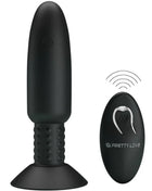 Black silikon analplug mit vibration und rotation mit strukturierter griffzone und saugnapfbasis plus ovaler fernbedienung von pretty love