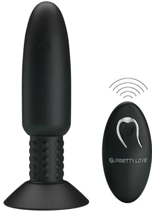 Black silikon analplug mit vibration und rotation mit strukturierter griffzone und saugnapfbasis plus ovaler fernbedienung von pretty love