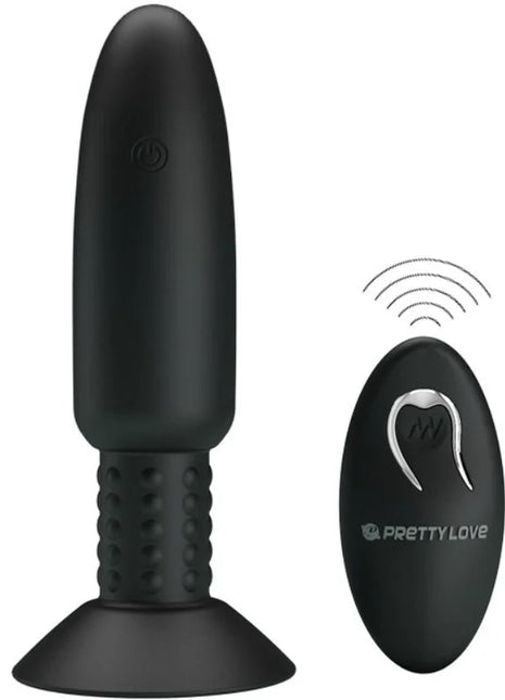 Black silikon analplug mit vibration und rotation mit strukturierter griffzone und saugnapfbasis plus ovaler fernbedienung von pretty love