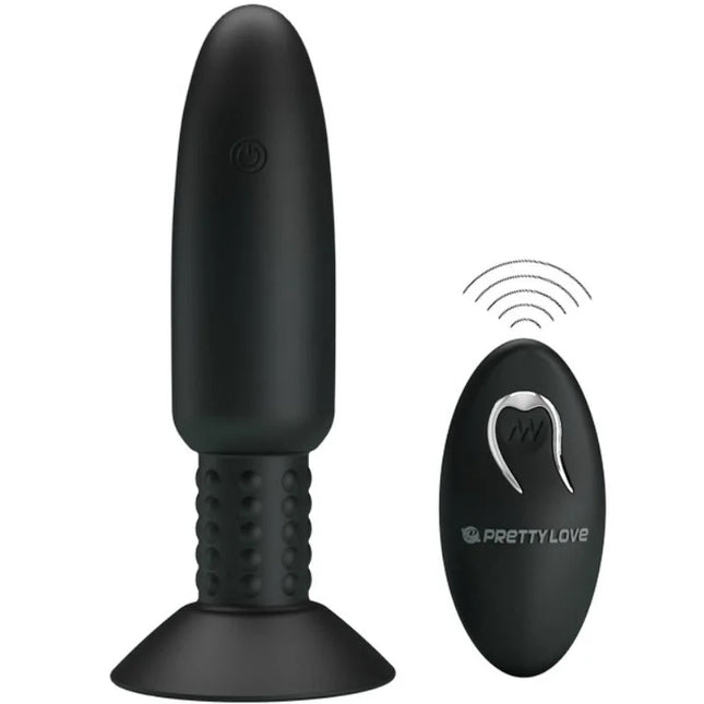 Black silikon analplug mit vibration und rotation mit strukturierter griffzone und saugnapfbasis plus ovaler fernbedienung von pretty love