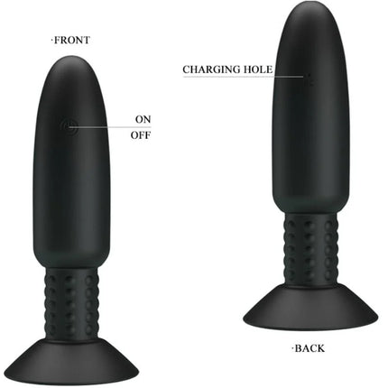 Schwarzer silikonstecker mit vibration rotation strukturierter griff und saugbasis für sicheren halt