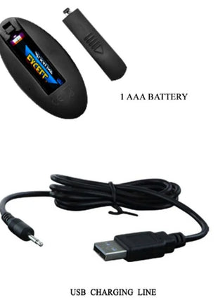 Schwarzes ovales vibrierendes und rotierendes steckergerät mit batteriefach und usb-ladekabel sichtbar von hinten