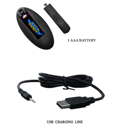 Schwarzes ovales vibrierendes und rotierendes steckergerät mit batteriefach und usb-ladekabel sichtbar von hinten