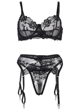 SUBBLIME: 3-teiliges Set mit schwarzer Blumenspitze - Sexy Dessous-Set