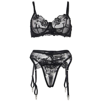 SUBBLIME: 3-teiliges Set mit schwarzer Blumenspitze - Sexy Dessous-Set
