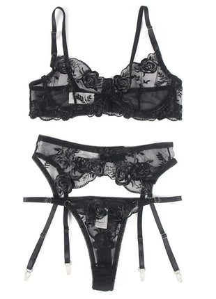 SUBBLIME: 3-teiliges Set mit schwarzer Blumenspitze - Sexy Dessous-Set