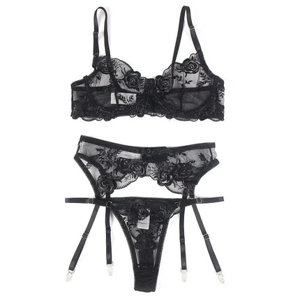 SUBBLIME: 3-teiliges Set mit schwarzer Blumenspitze - Sexy Dessous-Set