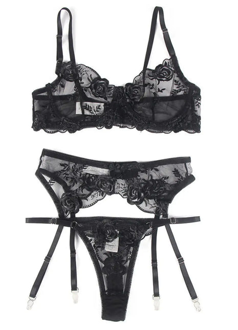SUBBLIME: 3-teiliges Set mit schwarzer Blumenspitze - Sexy Dessous-Set