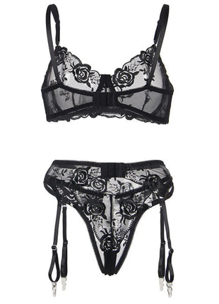 SUBBLIME: 3-teiliges Set mit schwarzer Blumenspitze - Sexy Dessous-Set