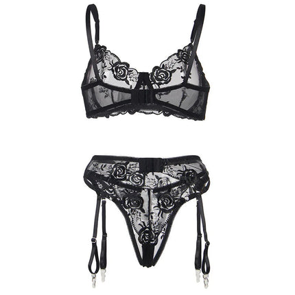 SUBBLIME: 3-teiliges Set mit schwarzer Blumenspitze - Sexy Dessous-Set