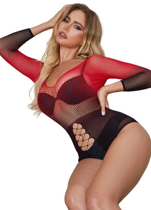 SUBBLIME - 952259 ROTER UND SCHWARZER KLEID MIT LANGEN RMELN UND ELASTISCHEM NETZVERLAUF EINE GRÖSSE