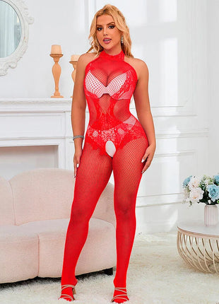 SUBBLIME - 952372 BODYSTOCKING AUS NETZ UND SPITZE MIT HOHER HALS UND OHNE SCHRITT ROT EINE GRÖSSE - Bodystocking