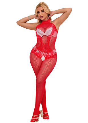 SUBBLIME - 952372 BODYSTOCKING AUS NETZ UND SPITZE MIT HOHER HALS UND OHNE SCHRITT ROT EINE GRÖSSE - Bodystocking