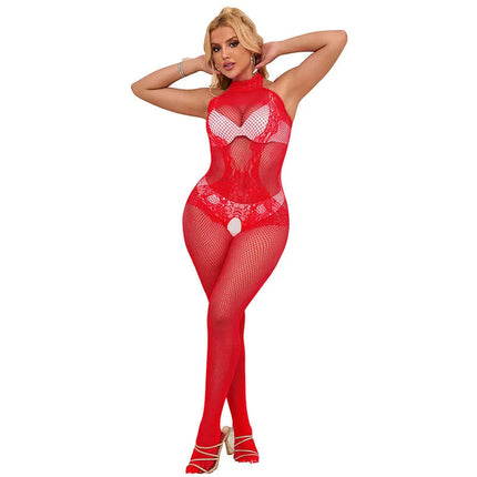 SUBBLIME - 952372 BODYSTOCKING AUS NETZ UND SPITZE MIT HOHER HALS UND OHNE SCHRITT ROT EINE GRÖSSE - Bodystocking