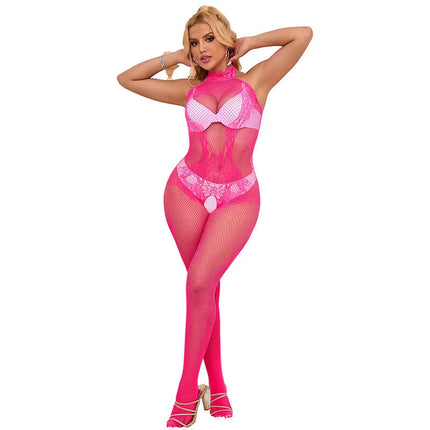 SUBBLIME - 952389 BODYSTOCKING MIT SCHNITTFREIEM NETZ UND SPITZE MIT HOHEM HALS EINE GRÖSSE - Bodystocking
