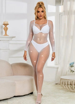 SUBBLIME - 952396 NETZ-BODYSTOCKING MIT DIAMANTEN LANGARM WEISS EINE GRÖSSE - Bodystocking