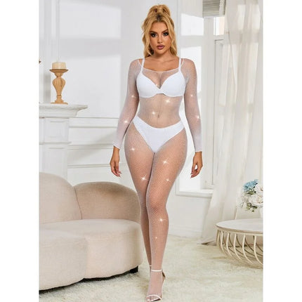 SUBBLIME - 952396 NETZ-BODYSTOCKING MIT DIAMANTEN LANGARM WEISS EINE GRÖSSE - Bodystocking