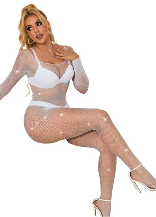 SUBBLIME - 952396 NETZ-BODYSTOCKING MIT DIAMANTEN LANGARM WEISS EINE GRÖSSE - Bodystocking