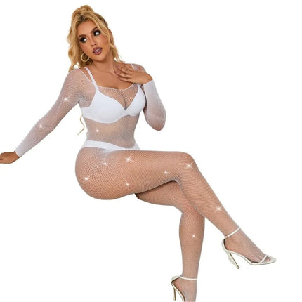 SUBBLIME - 952396 NETZ-BODYSTOCKING MIT DIAMANTEN LANGARM WEISS EINE GRÖSSE - Bodystocking