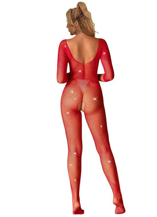 SUBBLIME - 952419 NETZ-BODYSTOCKING MIT DIAMANTEN LANGE ÄRMEL ROT XS/M - Bodystocking
