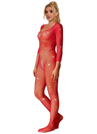 SUBBLIME - 952419 NETZ-BODYSTOCKING MIT DIAMANTEN LANGE ÄRMEL ROT XS/M - Bodystocking