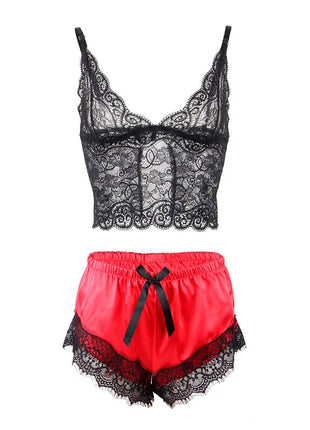 SUBBLIME - 953959 LÄSSIGE SEIDENNACHTHEMD + SPITZENHOSE SCHWARZ/ROT S/M - Sexy Dessous-Set