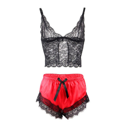 SUBBLIME - 953959 LÄSSIGE SEIDENNACHTHEMD + SPITZENHOSE SCHWARZ/ROT S/M - Sexy Dessous-Set