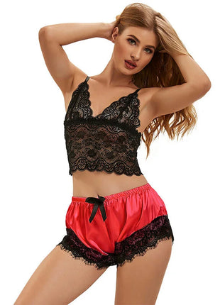 SUBBLIME - 953959 LÄSSIGE SEIDENNACHTHEMD + SPITZENHOSE SCHWARZ/ROT S/M - Sexy Dessous-Set