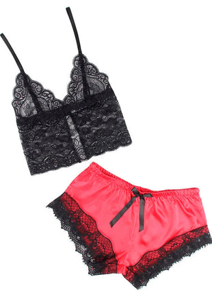 SUBBLIME - 953966 LÄSSIGE SEIDE NACHTHEMD + SPITZENHOSE SCHWARZ/ROT L/XL - Sexy Dessous-Set