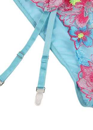 SUBBLIME - 954109 BH + HÖSCHEN MIT STRUMPFGÜRTEL BLUMENDESIGN BLAU S/M - Sexy Dessous-Set