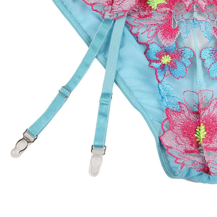 SUBBLIME - 954109 BH + HÖSCHEN MIT STRUMPFGÜRTEL BLUMENDESIGN BLAU S/M - Sexy Dessous-Set