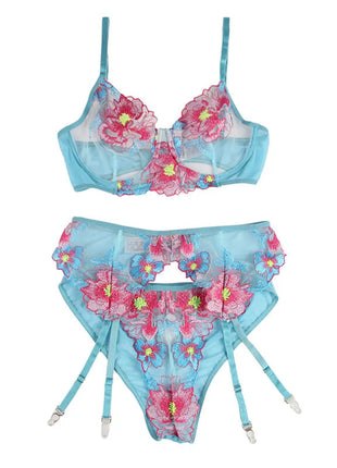 SUBBLIME - 954116 BH + HÖSCHEN MIT STRUMPFGÜRTEL BLUMENDESIGN BLAU L/XL - Sexy Dessous-Set
