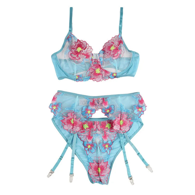 SUBBLIME - 954116 BH + HÖSCHEN MIT STRUMPFGÜRTEL BLUMENDESIGN BLAU L/XL - Sexy Dessous-Set