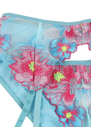 SUBBLIME - 954116 BH + HÖSCHEN MIT STRUMPFGÜRTEL BLUMENDESIGN BLAU L/XL - Sexy Dessous-Set