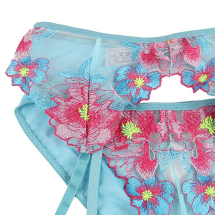 SUBBLIME - 954116 BH + HÖSCHEN MIT STRUMPFGÜRTEL BLUMENDESIGN BLAU L/XL - Sexy Dessous-Set