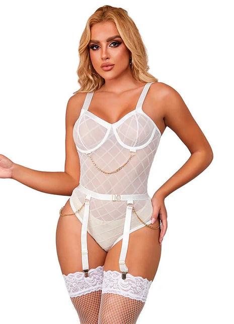 SUBBLIME - 954284 KÖRPER MIT KETTEN + STRUMPFGÜRTEL WEISS S/M - Sexy Dessous-Set