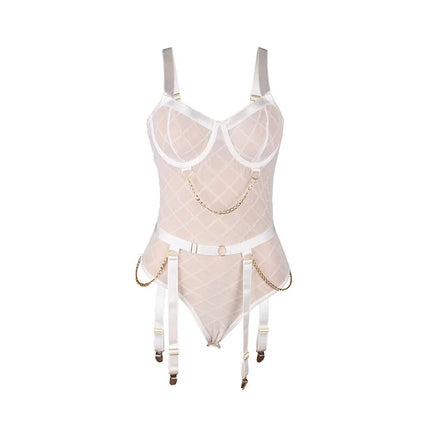 SUBBLIME - 954284 KÖRPER MIT KETTEN + STRUMPFGÜRTEL WEISS S/M - Sexy Dessous-Set